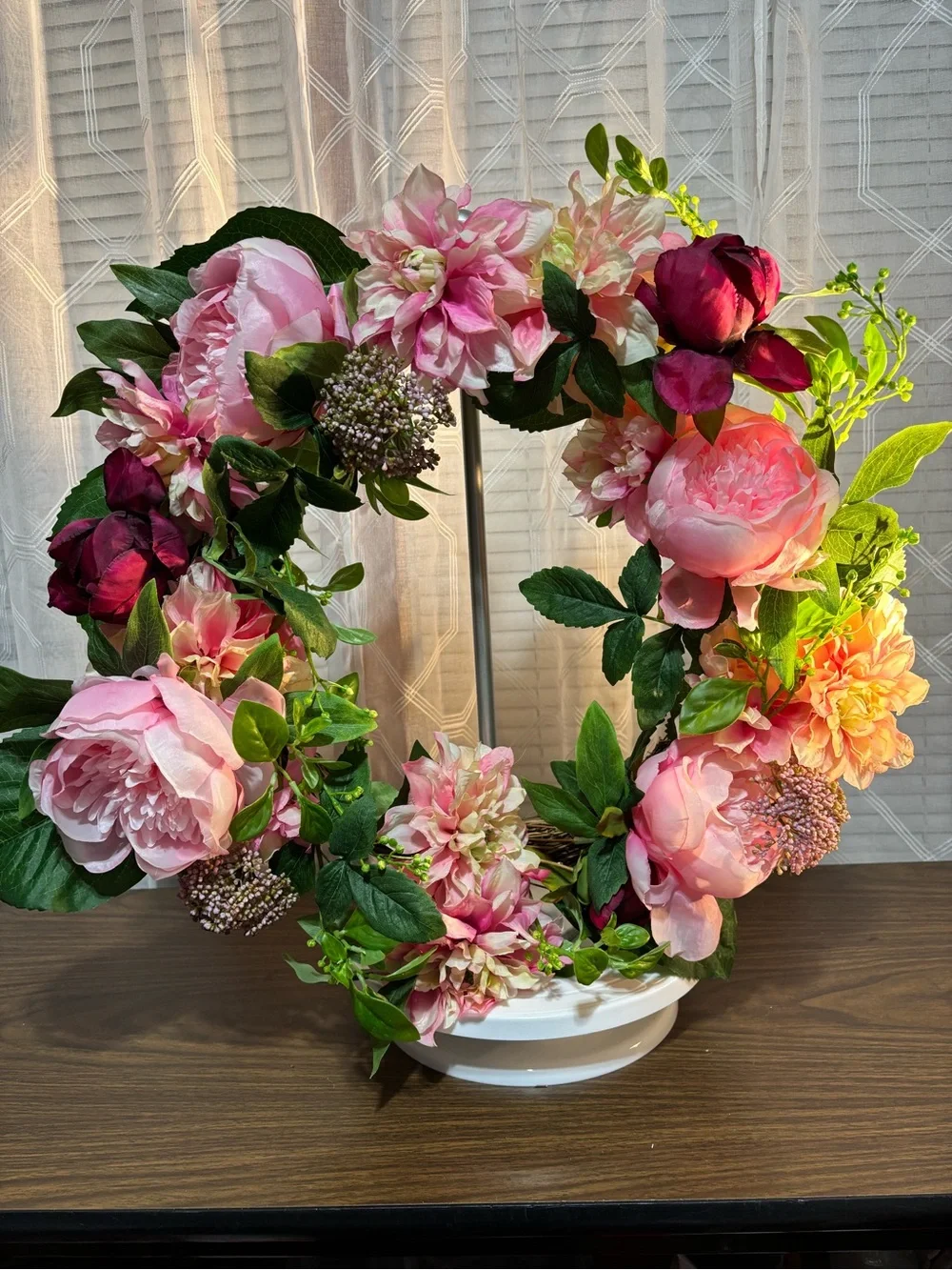 Floral Wreath of Pink Peonies & Dahlias Burgundy blooms & Greenery. 18”